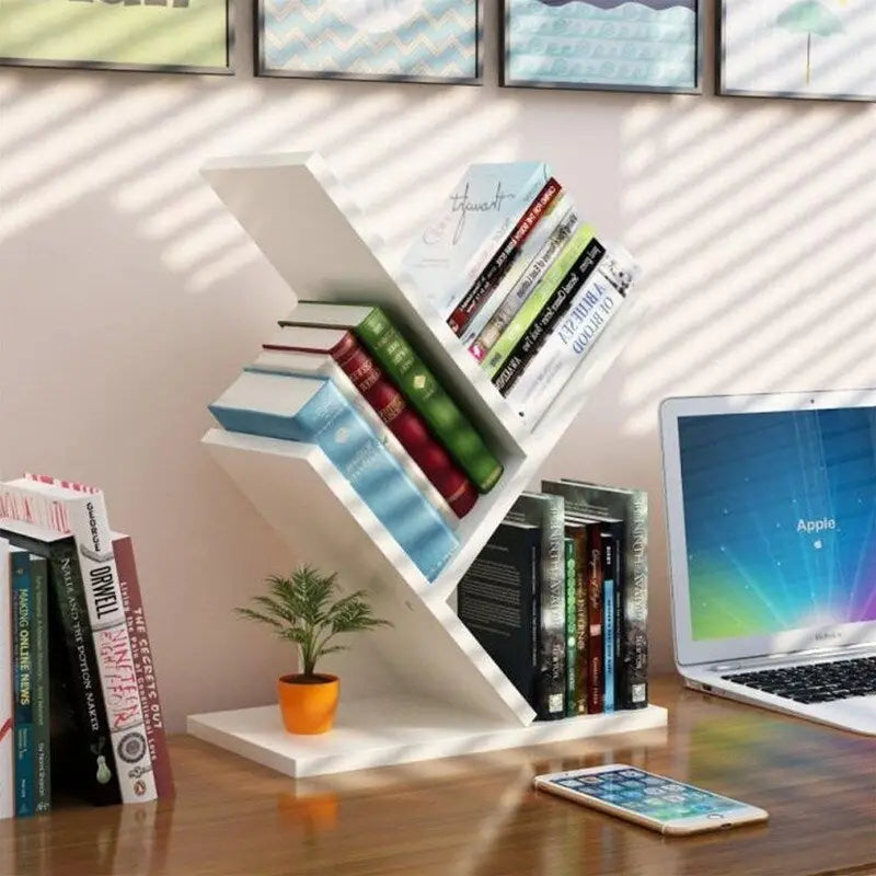Tree-Shaped 5-Tier Wooden Desktop Bookshelf Organizer Brown White