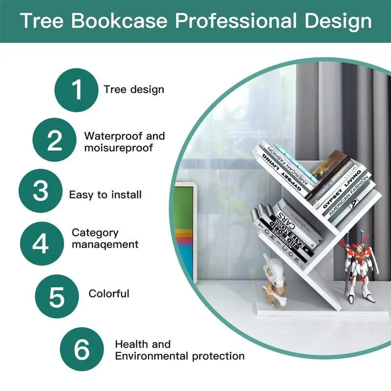Tree-Shaped 5-Tier Wooden Desktop Bookshelf Organizer Brown White