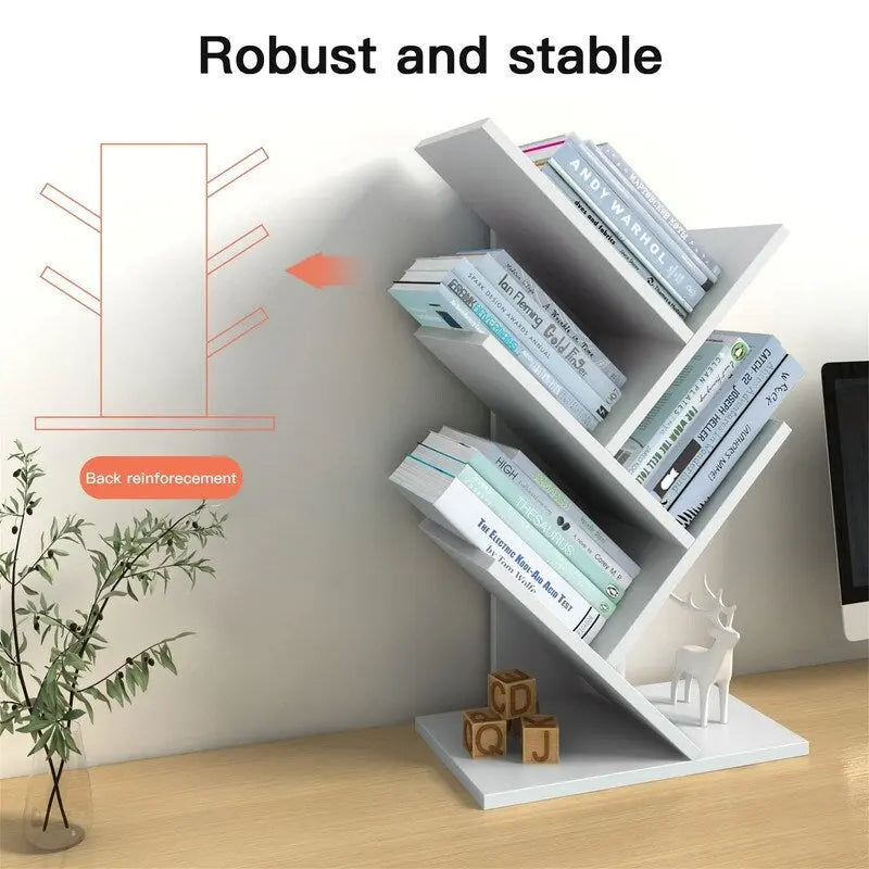 Tree-Shaped 5-Tier Wooden Desktop Bookshelf Organizer Brown White