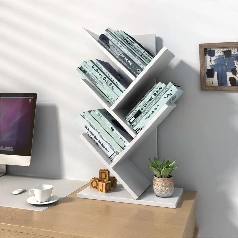Tree-Shaped 5-Tier Wooden Desktop Bookshelf Organizer Brown White