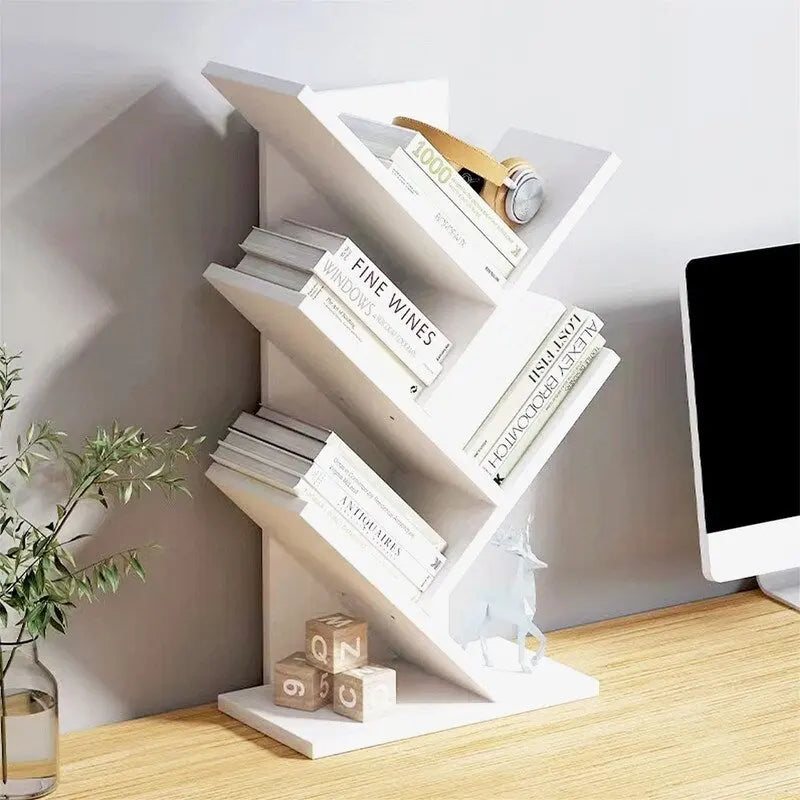 Tree-Shaped 5-Tier Wooden Desktop Bookshelf Organizer Brown White