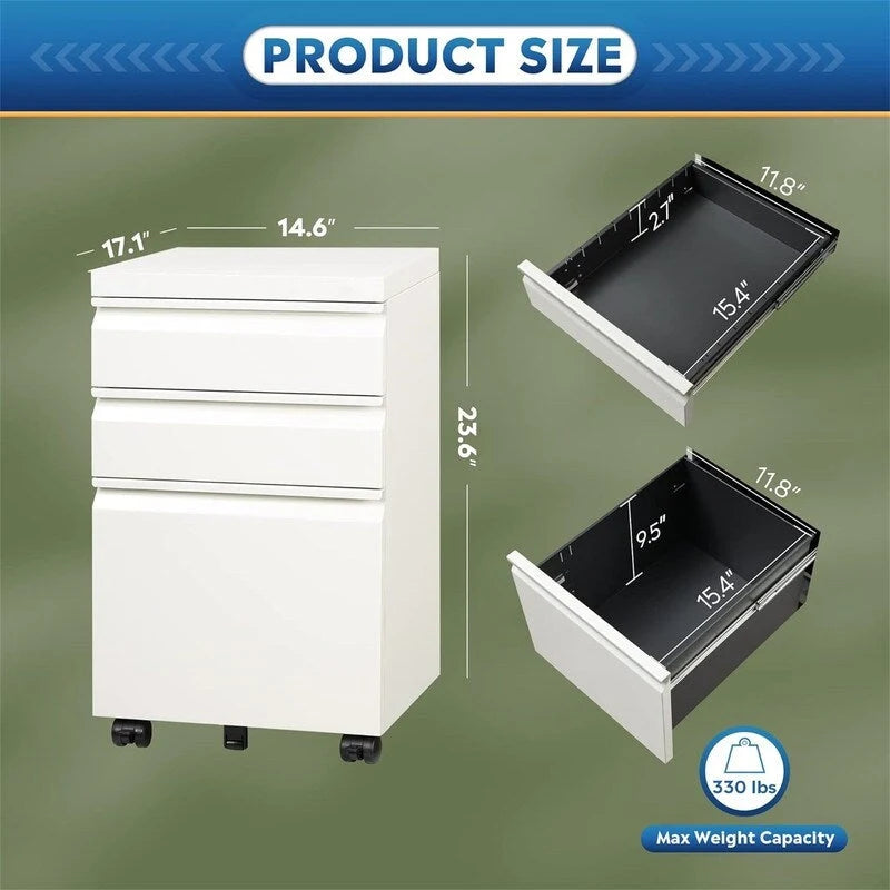 Metal Rolling File Cabinet 3 Drawers Locking Pedestal Black White