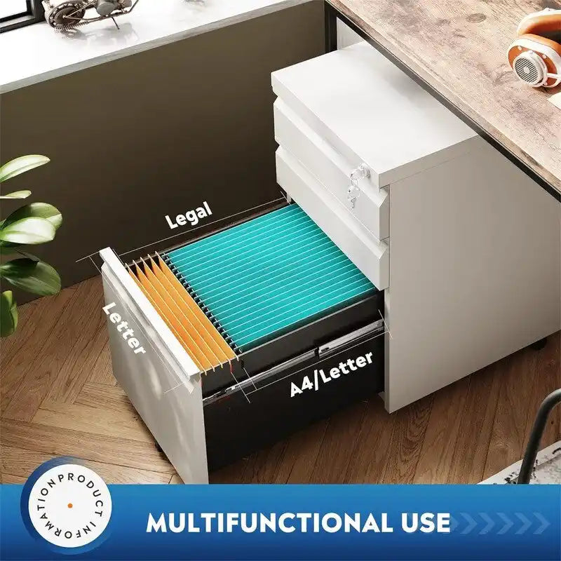 Metal Rolling File Cabinet 3 Drawers Locking Pedestal Black White