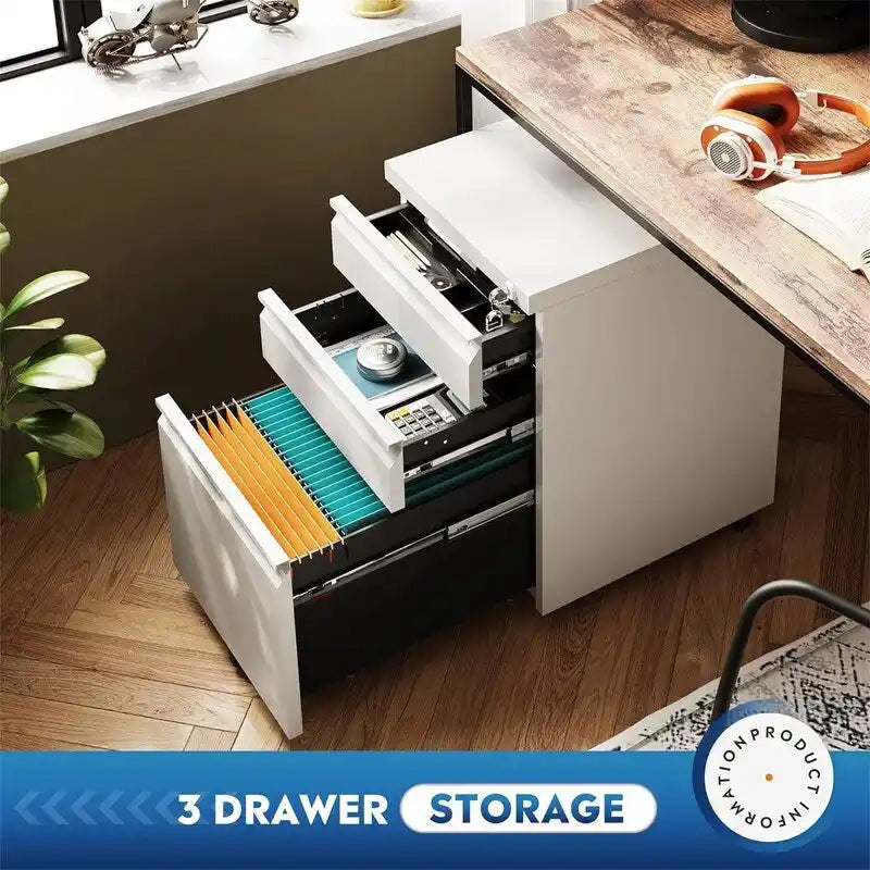 Metal Rolling File Cabinet 3 Drawers Locking Pedestal Black White