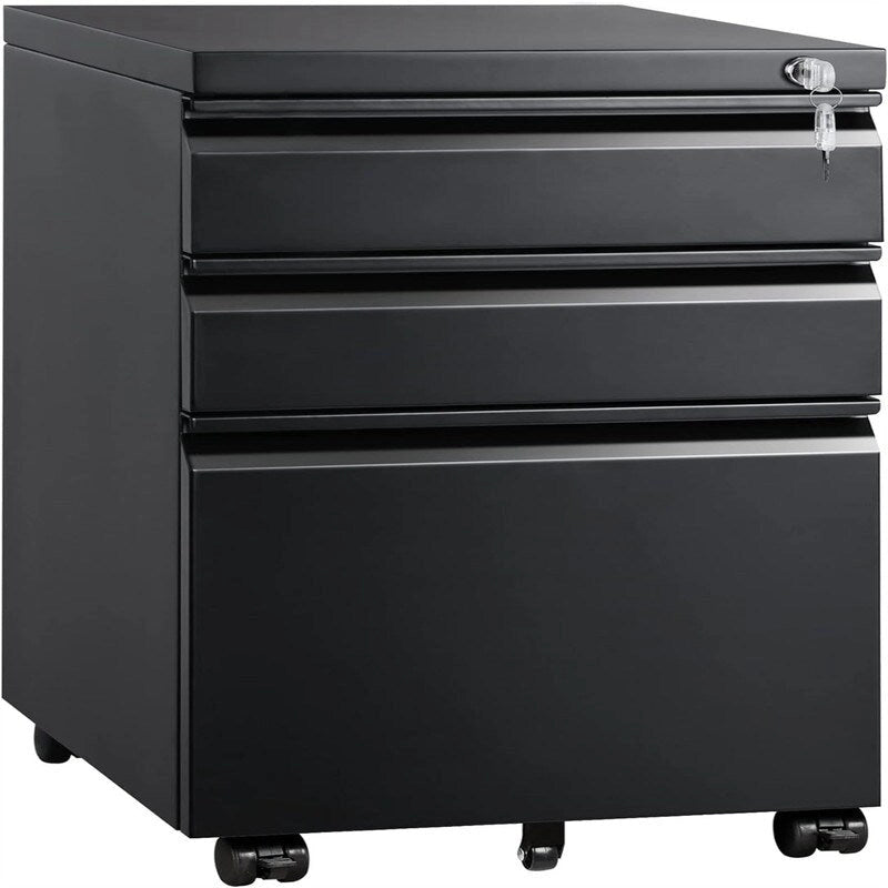 Metal Rolling File Cabinet 3 Drawers Locking Pedestal Black White