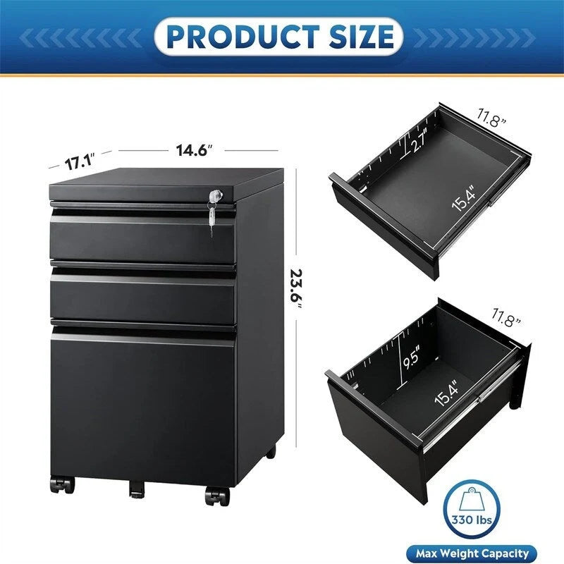 Metal Rolling File Cabinet 3 Drawers Locking Pedestal Black White