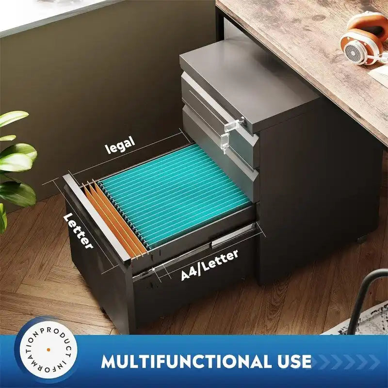 Metal Rolling File Cabinet 3 Drawers Locking Pedestal Black White