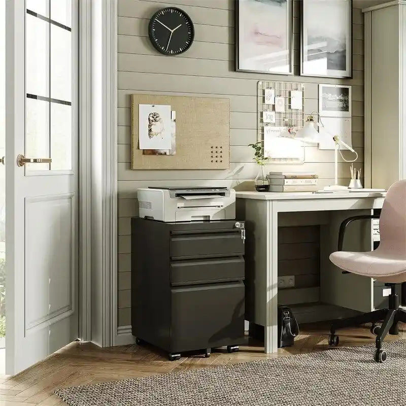 Metal Rolling File Cabinet 3 Drawers Locking Pedestal Black White