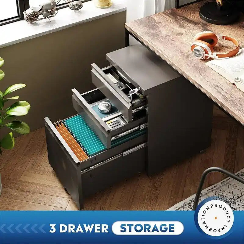 Metal Rolling File Cabinet 3 Drawers Locking Pedestal Black White