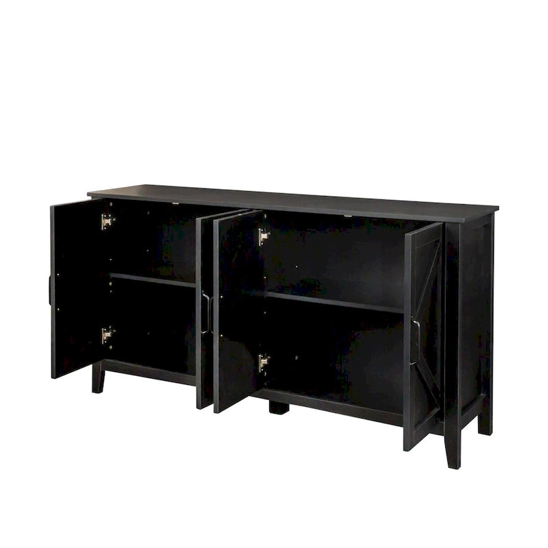 Freestanding Sideboard Storage Cabinet with 4 Barn Doors Open Shelves White Black