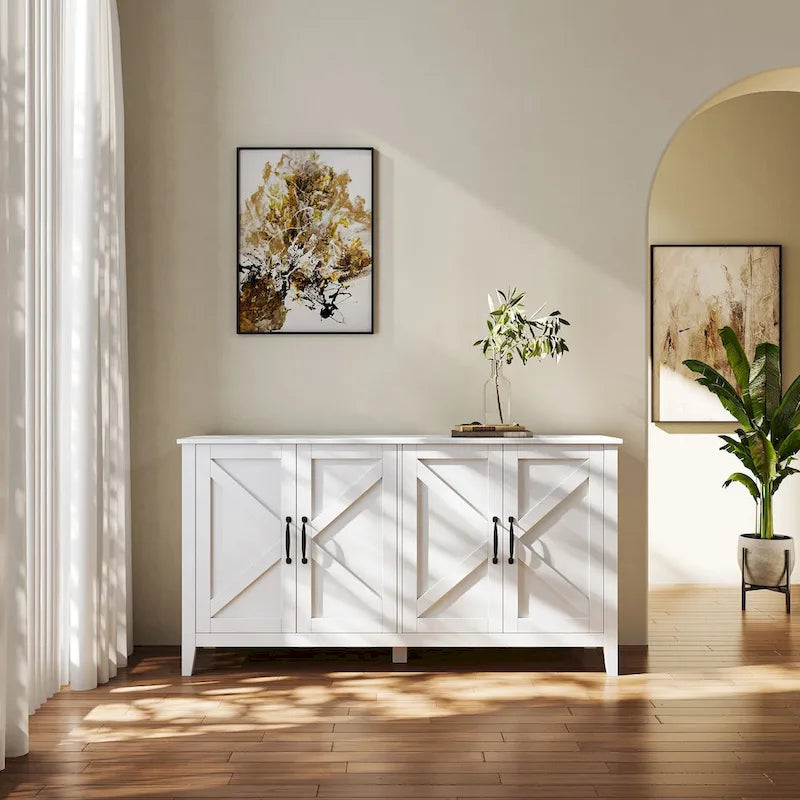 Freestanding Sideboard Storage Cabinet with 4 Barn Doors Open Shelves White Black