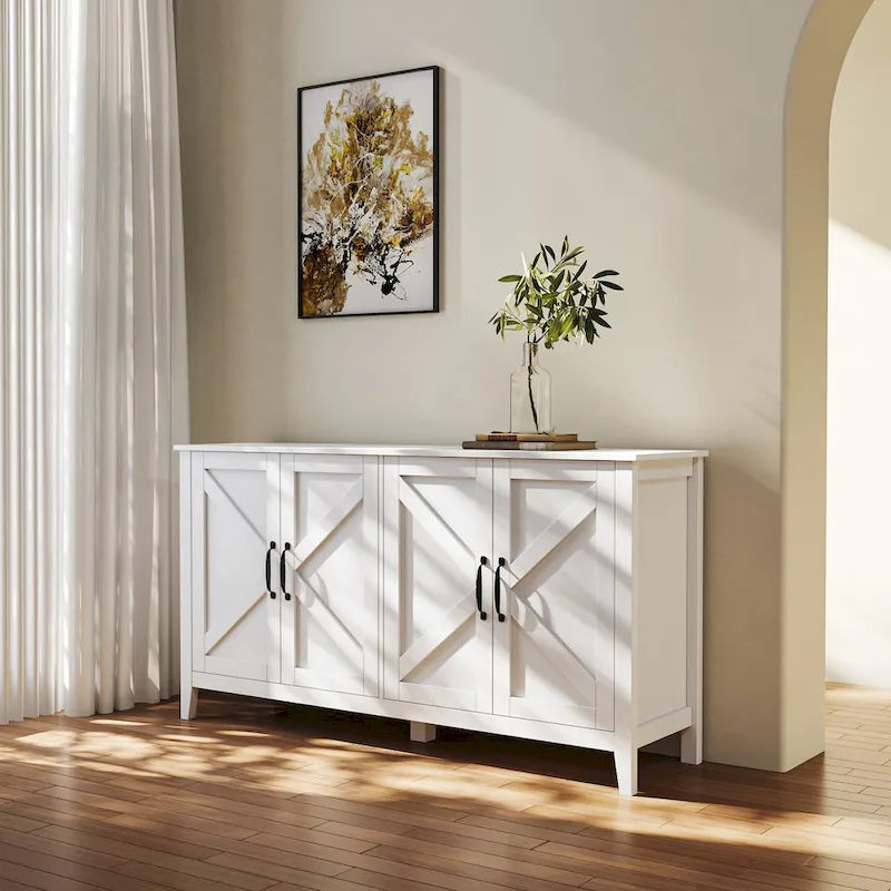 Freestanding Sideboard Storage Cabinet with 4 Barn Doors Open Shelves White Black