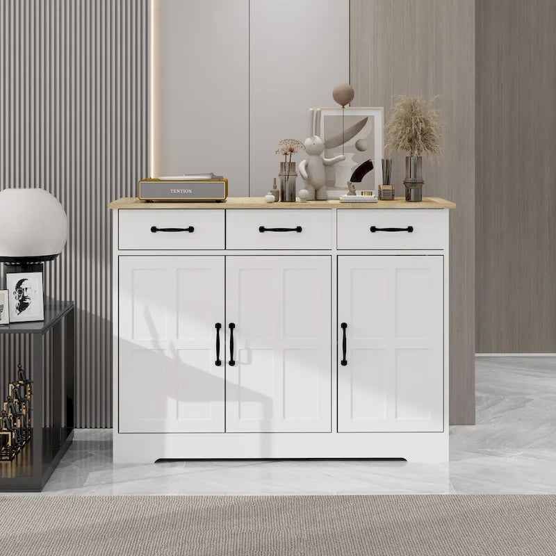 White Farmhouse Sideboard Buffet Cabinet 3 Drawers 3 Doors Black Handles