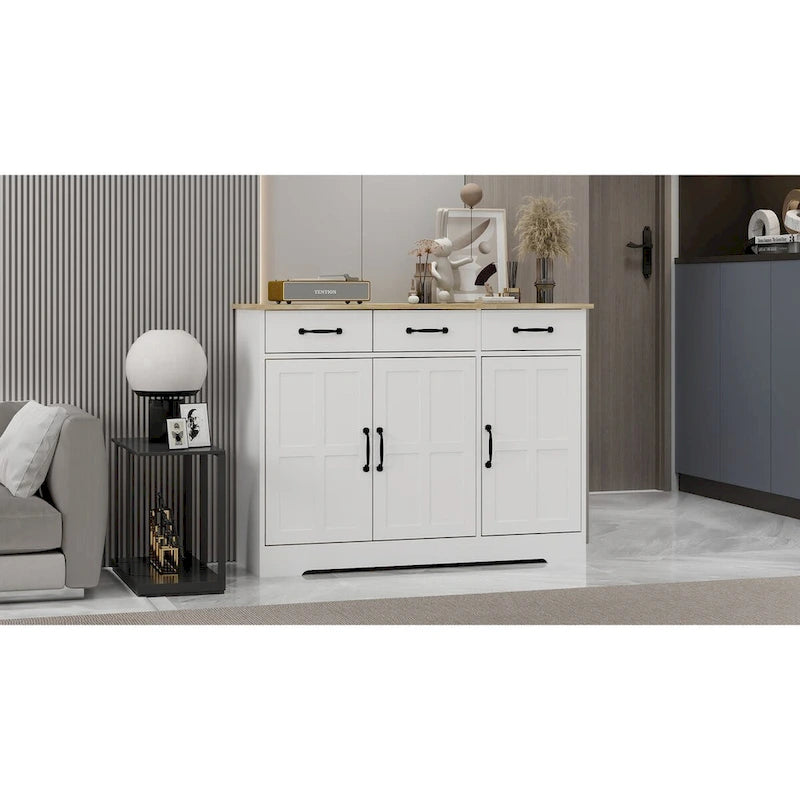 White Farmhouse Sideboard Buffet Cabinet 3 Drawers 3 Doors Black Handles