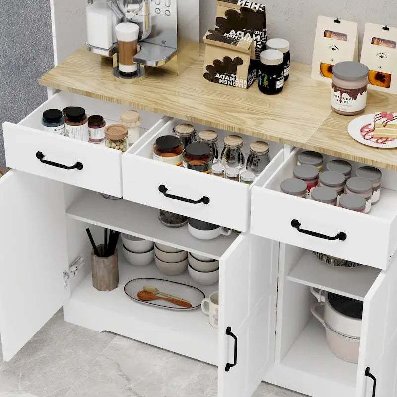 White Farmhouse Sideboard Buffet Cabinet 3 Drawers 3 Doors Black Handles