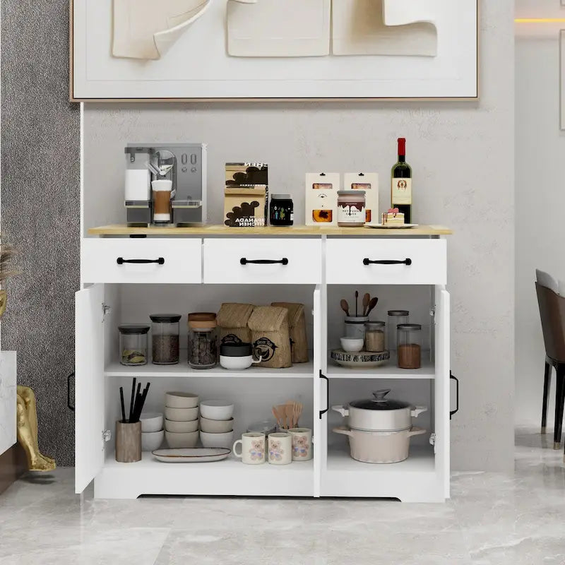 White Farmhouse Sideboard Buffet Cabinet 3 Drawers 3 Doors Black Handles