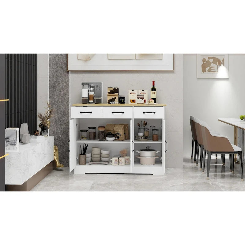 White Farmhouse Sideboard Buffet Cabinet 3 Drawers 3 Doors Black Handles
