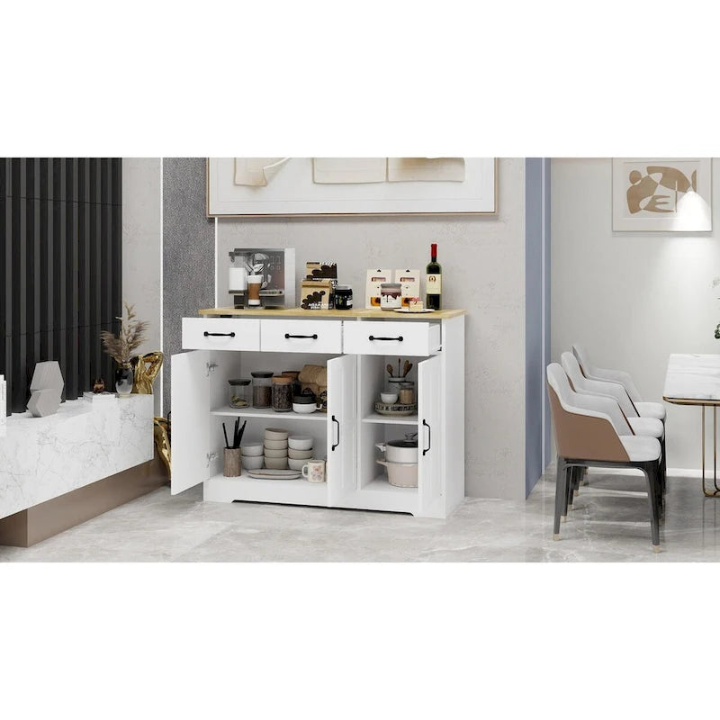 White Farmhouse Sideboard Buffet Cabinet 3 Drawers 3 Doors Black Handles