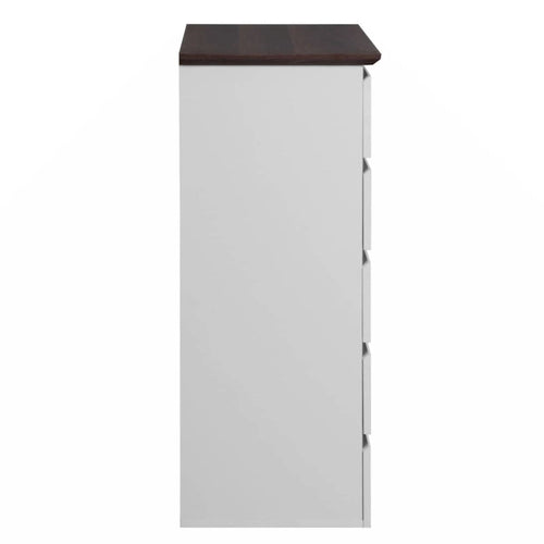 Commode à 5 tiroirs, corps blanc, dessus en bois foncé, coffre de rangement, chambre à coucher, salon