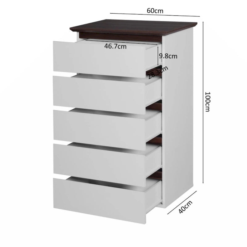 5-Drawer Dresser White Body Dark Wood Top Storage Chest Bedroom Living Room