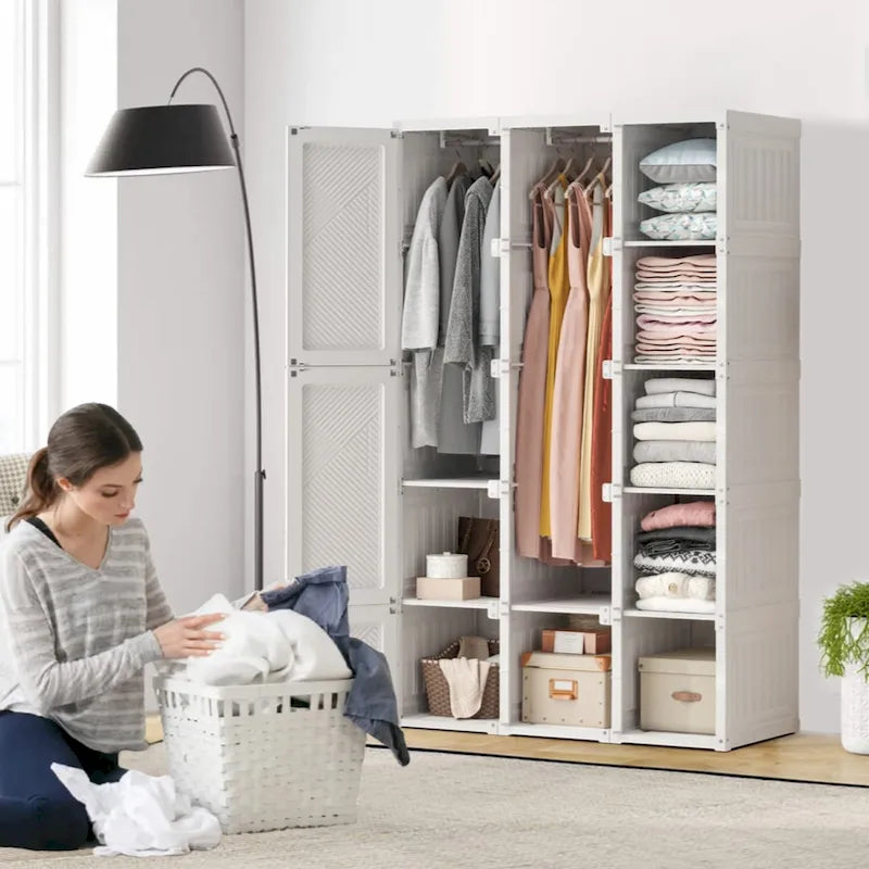 Foldable Portable Wardrobe Closet with Multi-Compartment Doors White Brown