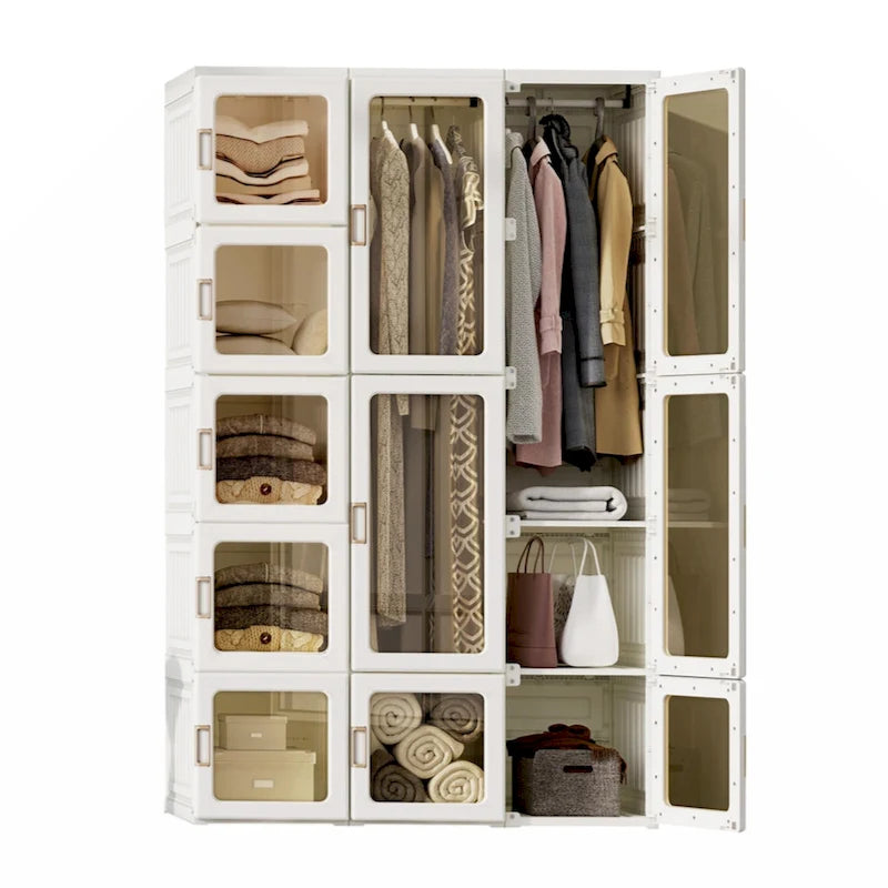 Foldable Portable Wardrobe Closet with Multi-Compartment Doors White Brown