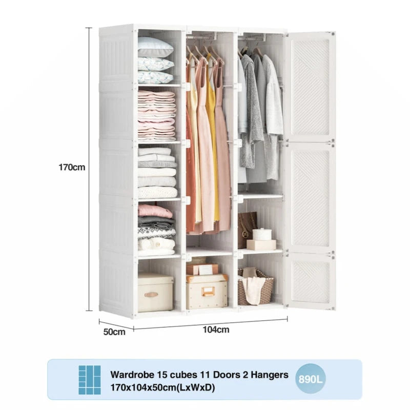 Foldable Portable Wardrobe Closet with Multi-Compartment Doors White Brown