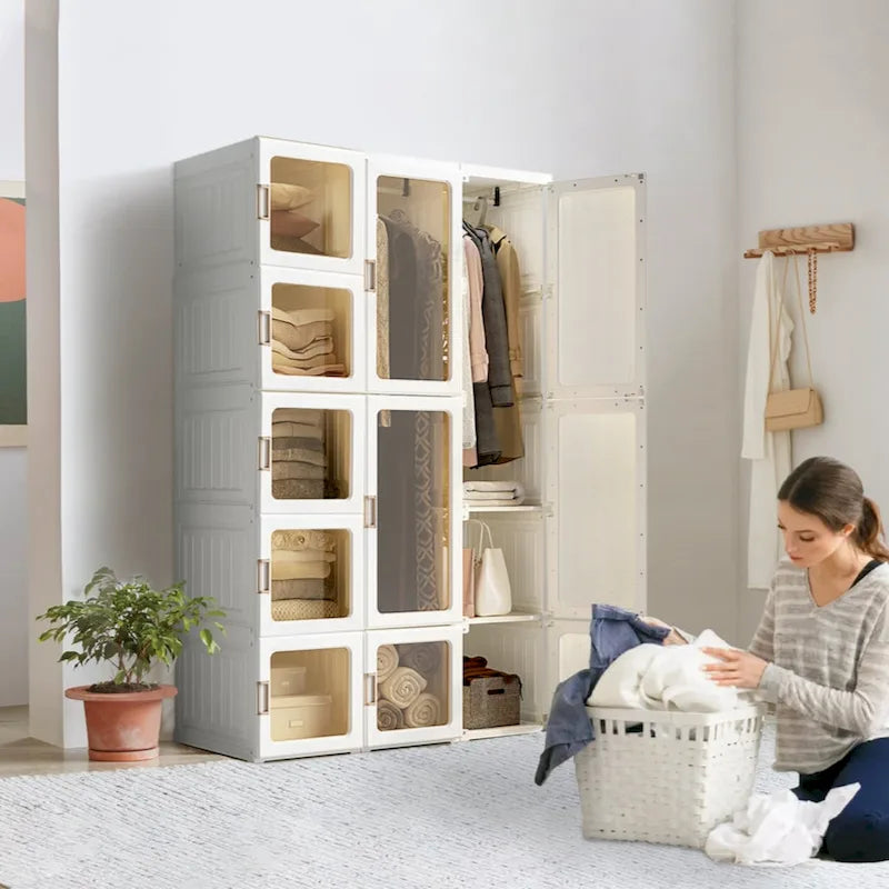 Foldable Portable Wardrobe Closet with Multi-Compartment Doors White Brown