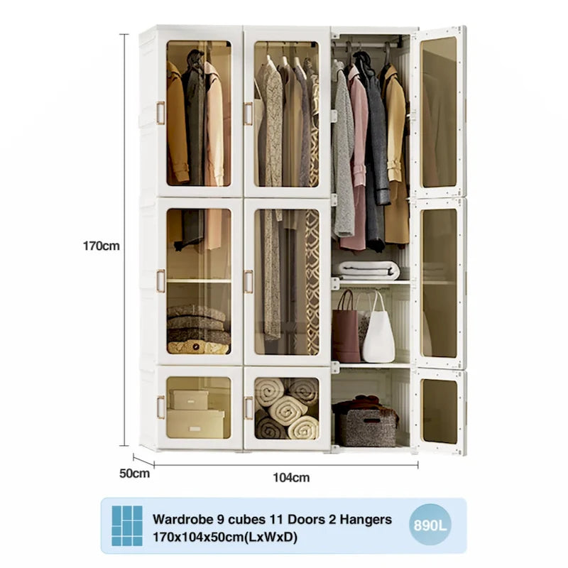 Foldable Portable Wardrobe Closet with Multi-Compartment Doors White Brown