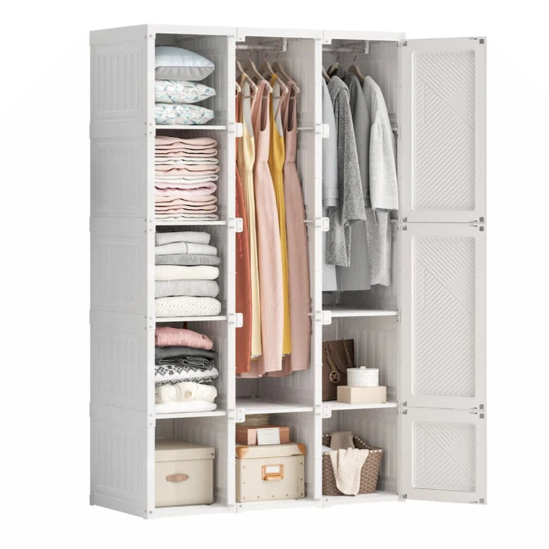Foldable Portable Wardrobe Closet with Multi-Compartment Doors White Brown