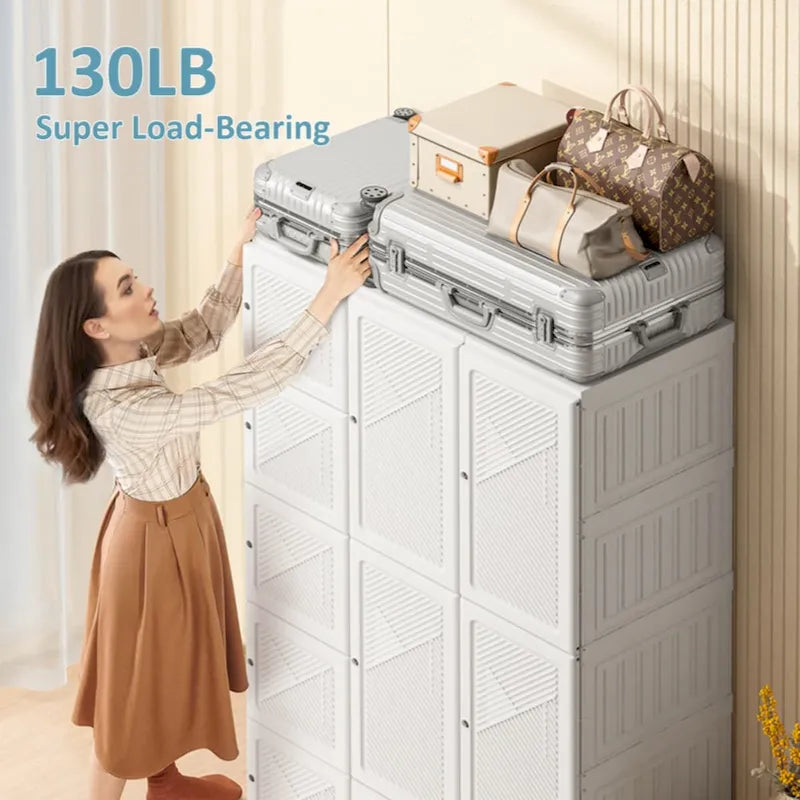 Foldable Portable Wardrobe Closet with Multi-Compartment Doors White Brown