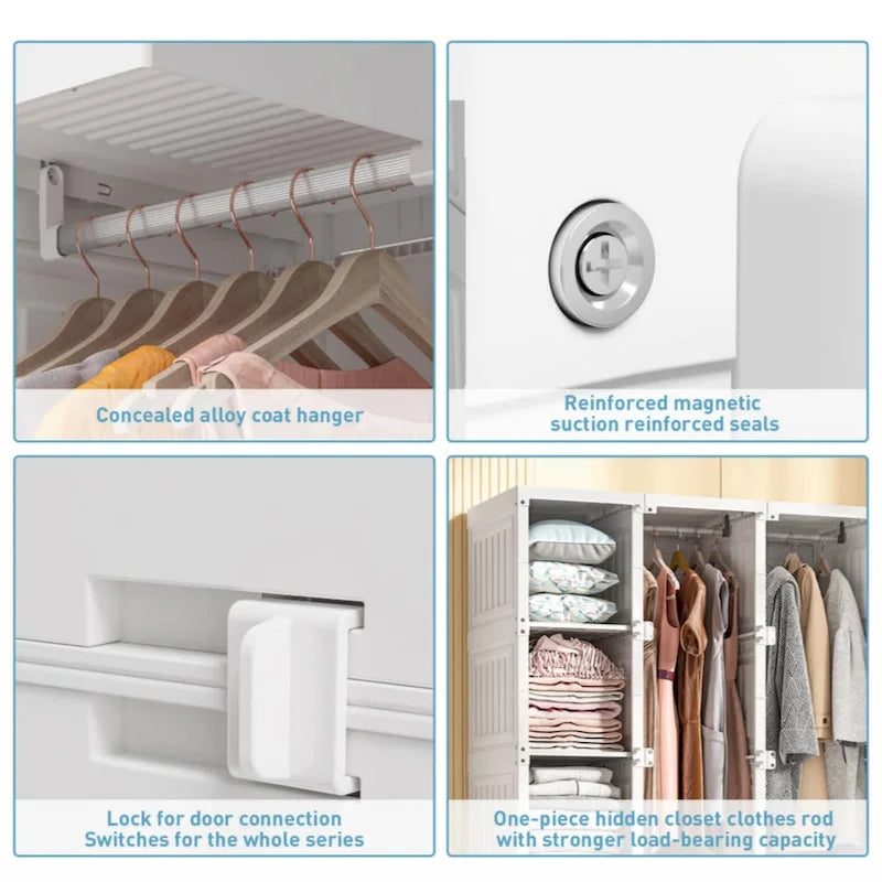 Foldable Portable Wardrobe Closet with Multi-Compartment Doors White Brown