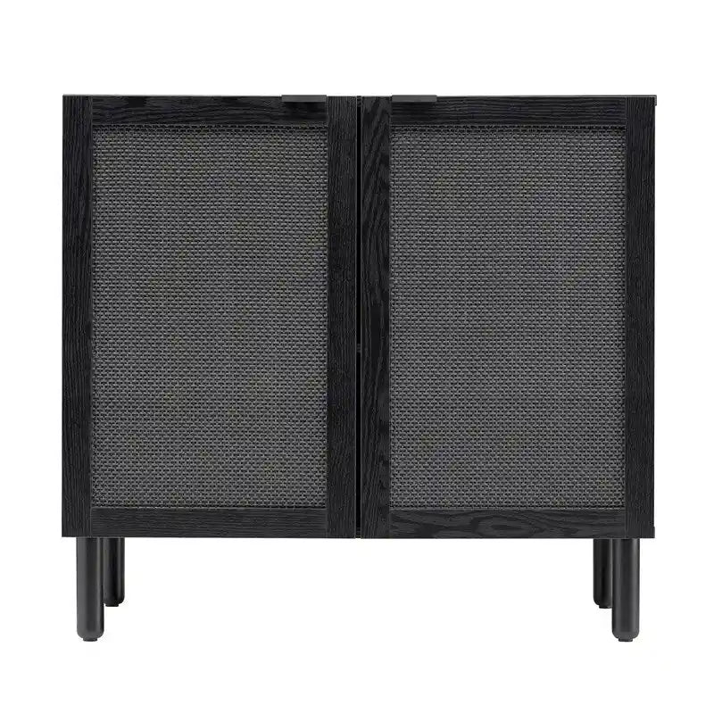 Black Rattan Two-Door Storage Cabinet with Solid Wood Legs