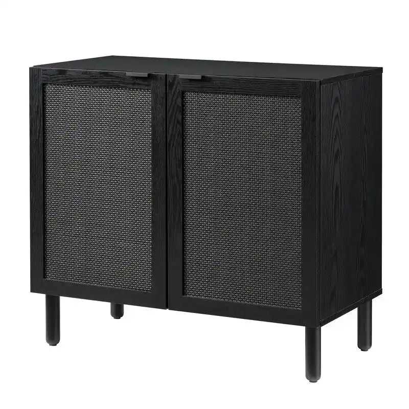 Black Rattan Two-Door Storage Cabinet with Solid Wood Legs