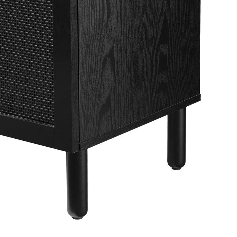 Black Rattan Two-Door Storage Cabinet with Solid Wood Legs