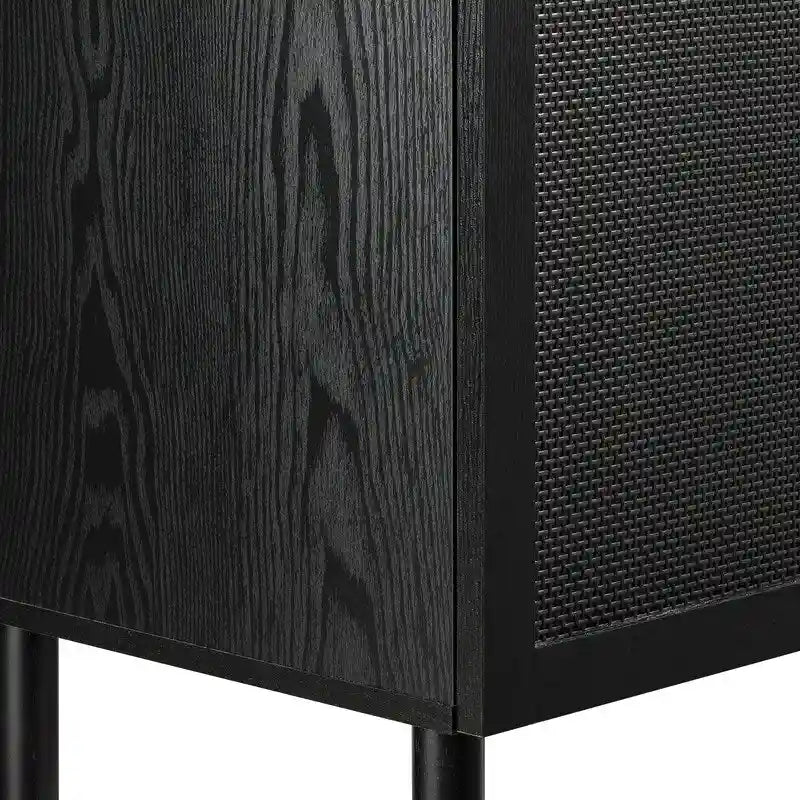 Black Rattan Two-Door Storage Cabinet with Solid Wood Legs
