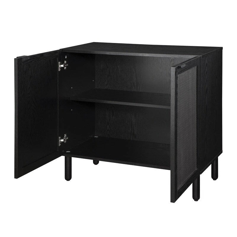 Black Rattan Two-Door Storage Cabinet with Solid Wood Legs