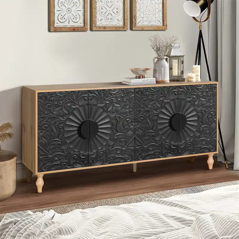 Black Floral Carved Door Storage Cabinet Natural Wood Frame Black