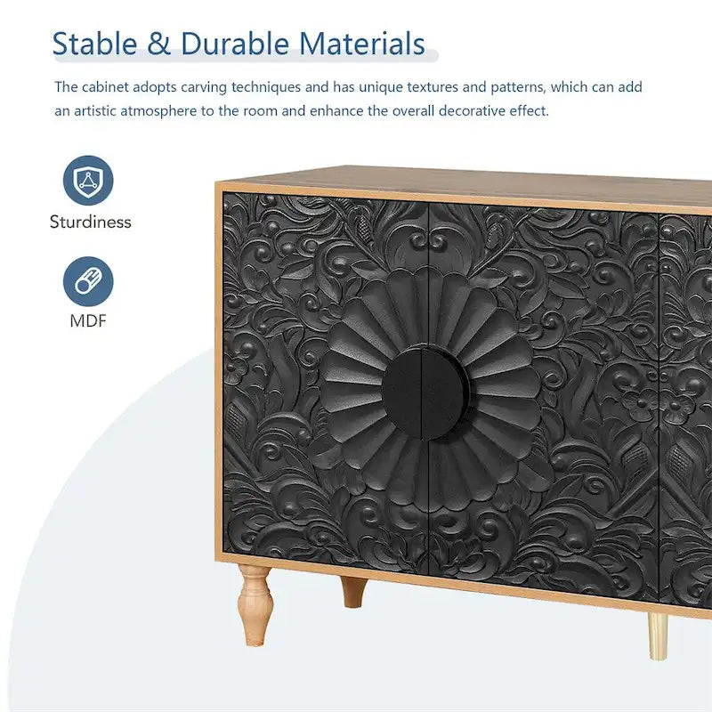 Black Floral Carved Door Storage Cabinet Natural Wood Frame Black