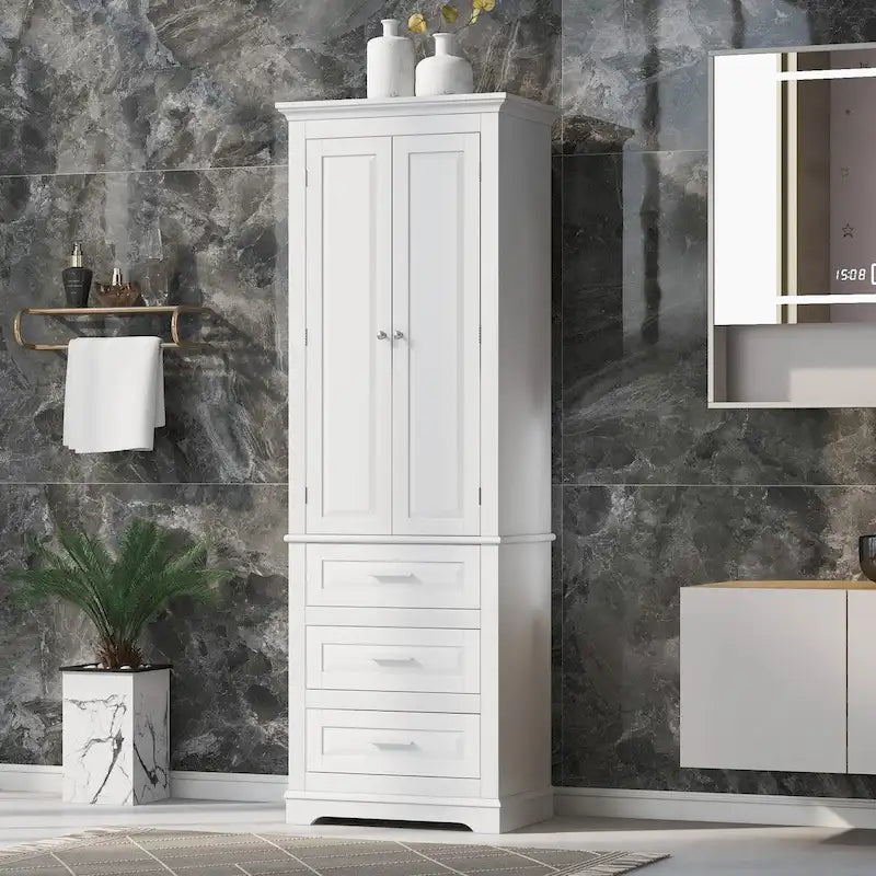 Freestanding Tall Storage Cabinet with Double Doors and Three Drawers, White