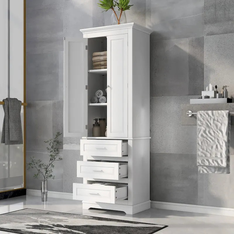 Freestanding Tall Storage Cabinet with Double Doors and Three Drawers, White