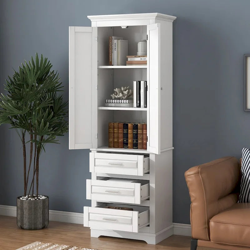 Freestanding Tall Storage Cabinet with Double Doors and Three Drawers, White