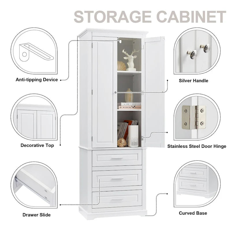 Freestanding Tall Storage Cabinet with Double Doors and Three Drawers, White