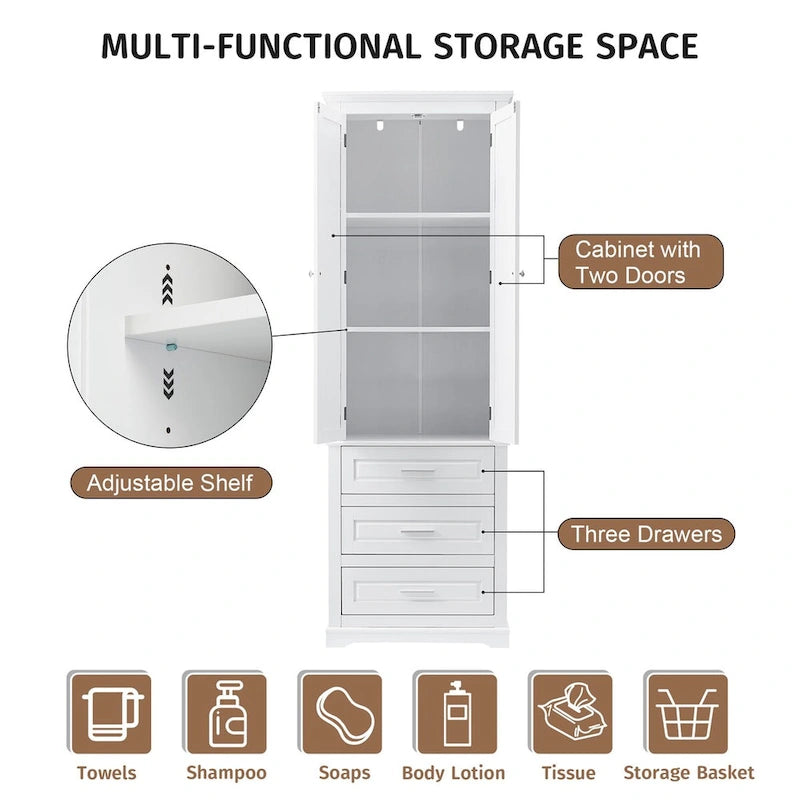 Freestanding Tall Storage Cabinet with Double Doors and Three Drawers, White