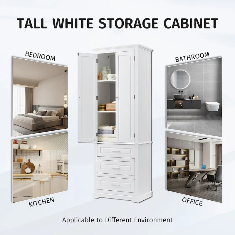 Freestanding Tall Storage Cabinet with Double Doors and Three Drawers, White