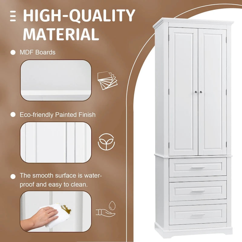 Freestanding Tall Storage Cabinet with Double Doors and Three Drawers, White