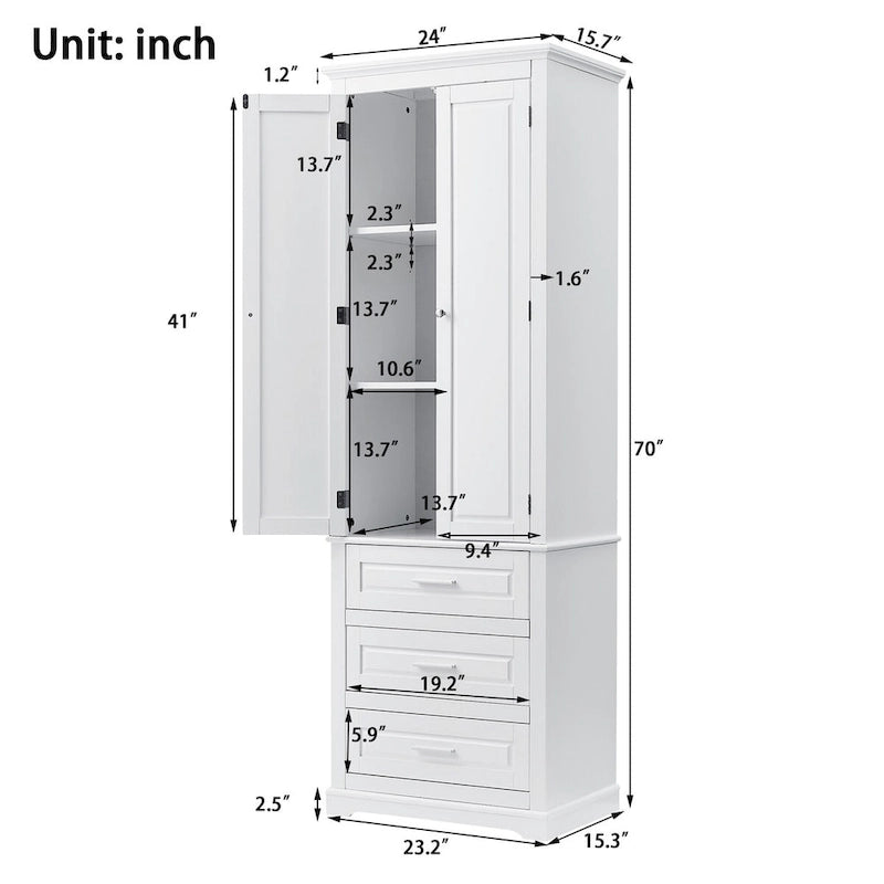 Freestanding Tall Storage Cabinet with Double Doors and Three Drawers, White