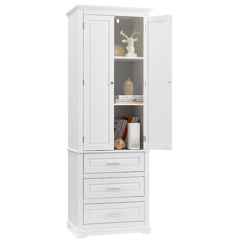 Freestanding Tall Storage Cabinet with Double Doors and Three Drawers, White
