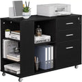 Black Wood Finish Mobile Lateral Filing Cabinet with 3 Drawers and Open Shelves