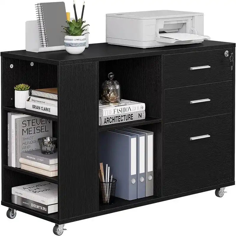Black Wood Finish Mobile Lateral Filing Cabinet with 3 Drawers and Open Shelves